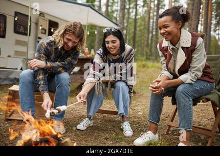 Group of young people roasting marshmallows while enjoying camping with friends in forest, copy space Stock Photo