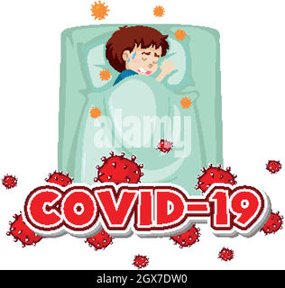 Coronavirus theme with sick boy in bed Stock Vector