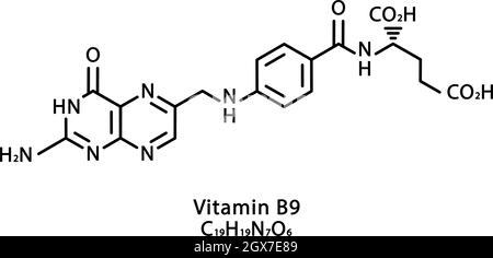 Vitamin B9 Folic acid molecular structure. Vitamin B9 Folic acid skeletal chemical formula. Chemical molecular formulas Stock Vector