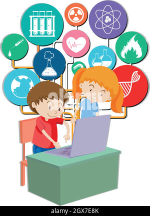 Boy and girl working on computer Stock Vector