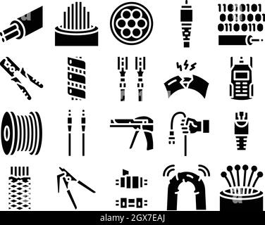 Optical Fiber Cable Glyph Set Vector Illustration Stock Vector