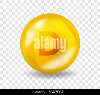 Vitamin D. Vitamin complex illustration concept. D pill capsule. 3D Yellow drug nutrition design Stock Vector