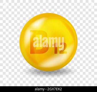 Vitamin B12 Cyanocobalamin. Vitamin complex illustration concept. B12 Cyanocobalamin pill capsule. 3D Yellow drug nutrition design. Stock Vector