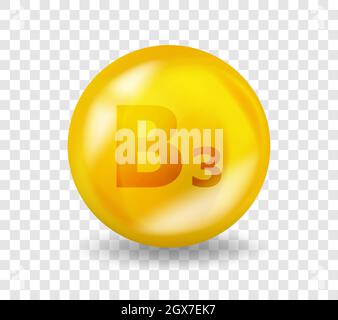 Vitamin B3 Niacin. Vitamin complex illustration concept. B3 Niacin pill capsule. 3D Yellow drug nutrition design Stock Vector