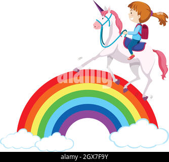 Girl riding unicorn over rainbow Stock Vector