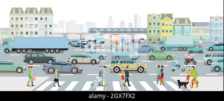 Cars at the intersection in the traffic jam in a big city and metro in front of buildings, illustration Stock Vector