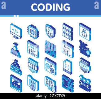 Coding System Vector Isometric Icons Set Stock Vector