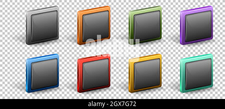 Set of square button with metal frame isolated on white background Stock Vector