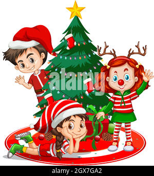 Children wear Christmas costume cartoon character with Christmas tree on white background Stock Vector