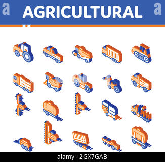 Agricultural Vehicles Vector Isometric Icons Set Stock Vector
