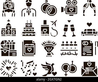Wedding Glyph Icons Set Vector Stock Vector