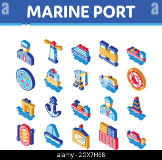 Marine Port Transport Isometric Icons Set Vector Stock Vector