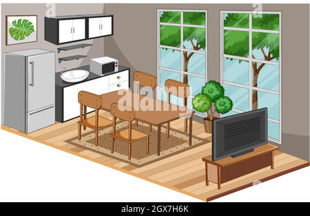 Dining room interior with furniture in modern style Stock Vector