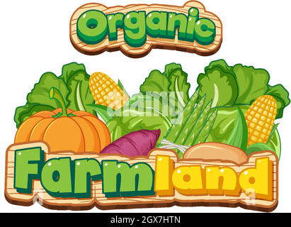 Font design for word organic farmland with many fresh vegetables Stock Vector
