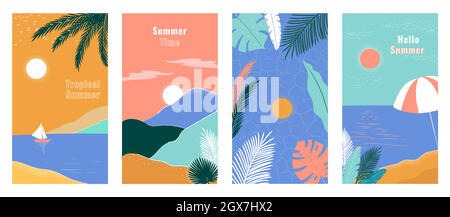 Social media stories design templates, backgrounds with copy space for text. Summer landscape background for banner, greeting card, poster and advertising. Summer vacation concept with palms and sea. Stock Vector