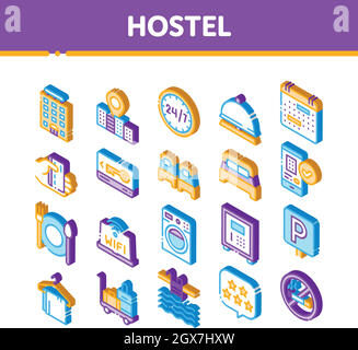 Hostel Isometric Vector Sign Icons Set Stock Vector