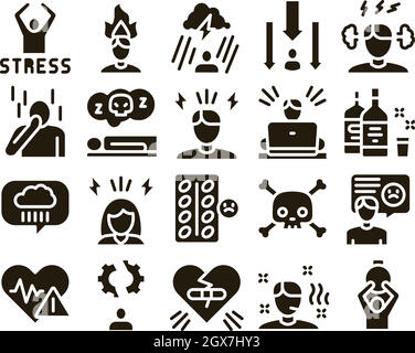 Stress And Depression Glyph Set Vector Stock Vector