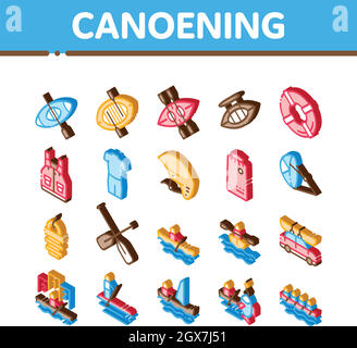 Canoeing Isometric Elements Icons Set Vector Stock Vector