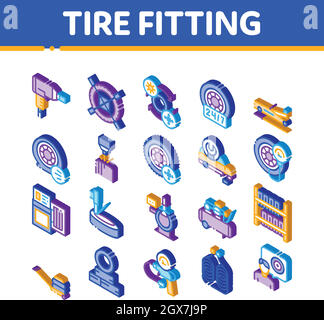 Tire Fitting Service Isometric Icons Set Vector Stock Vector