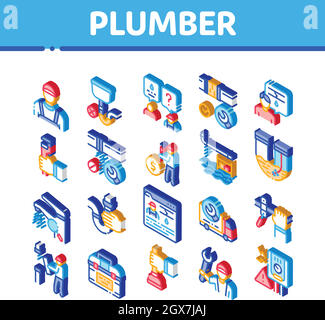 Plumber Profession Isometric Icons Set Vector Stock Vector