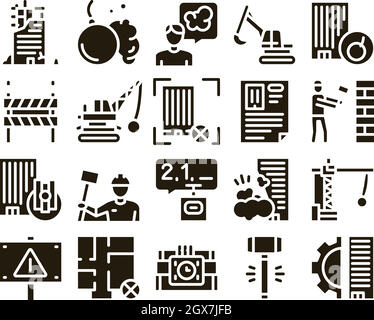 Demolition Building Glyph Set Vector Stock Vector