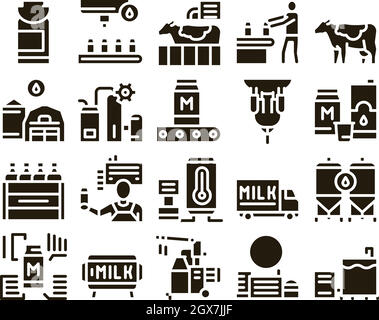 Milk Factory Product Glyph Set Vector Stock Vector
