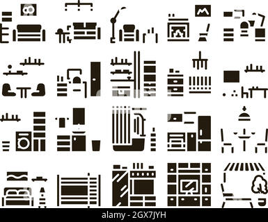Home Rooms Furniture Glyph Set Vector Stock Vector