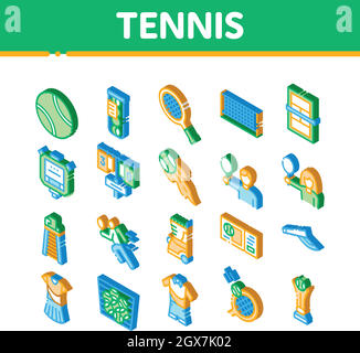 Tennis Game Equipment Isometric Icons Set Vector Stock Vector
