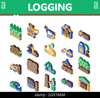 Wood Logging Industry Isometric Icons Set Vector Stock Vector
