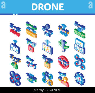Drone Fly Quadrocopter Isometric Icons Set Vector Stock Vector