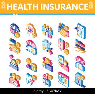 Health Insurance Care Isometric Icons Set Vector Stock Vector