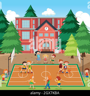 Children playing basketball scene Stock Vector
