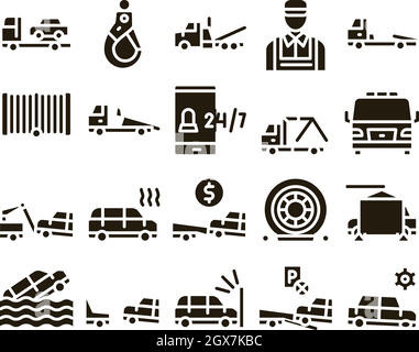 Tow Truck Transport Glyph Set Vector Stock Vector