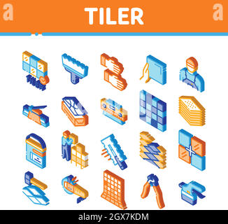 Tiler Work Equipment Isometric Icons Set Vector Stock Vector