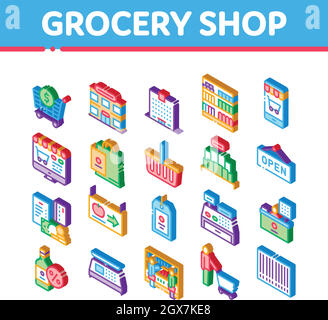 Grocery Shop Shopping Isometric Icons Set Vector Stock Vector