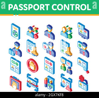Passport Control Check Isometric Icons Set Vector Stock Vector