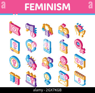 Feminism Woman Power Isometric Icons Set Vector Stock Vector