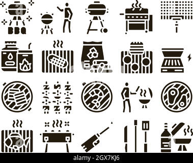 Barbecue Glyph Icons Set BBQ Hand Grill, Bacon, Grilled Fish, Coal