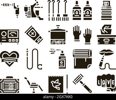 Tattoo Studio Tool Glyph Set Vector Stock Vector