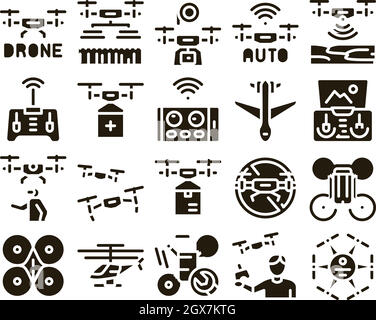 Drone Fly Quadrocopter Glyph Set Vector Stock Vector