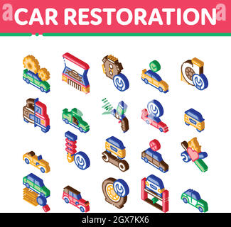 Car Restoration Repair Isometric Icons Set Vector Stock Vector