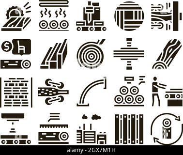 Wood Production Plant Glyph Set Vector Stock Vector