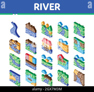 River Landscape Isometric Icons Set Vector Stock Vector