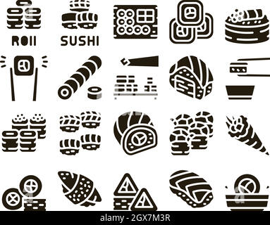Sushi Roll Asian Dish Glyph Set Vector Stock Vector