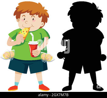 Cute fat boy eating pizza in colour and silhouette Stock Vector