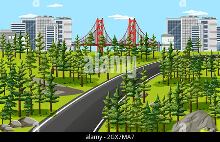 Long road in city with nature landscape scene Stock Vector