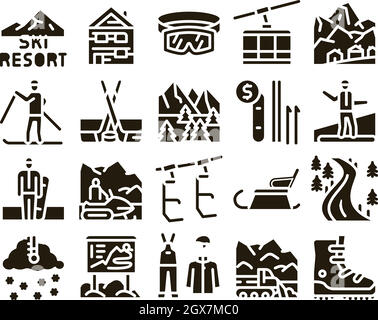 Ski Resort Vacation Glyph Set Vector Stock Vector