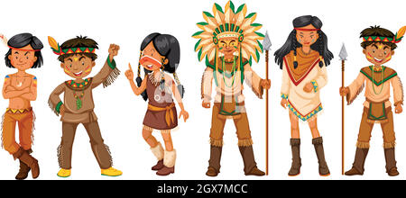 Many native american indians in costumes Stock Vector