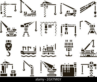 Crane Building Machine Glyph Set Vector Stock Vector
