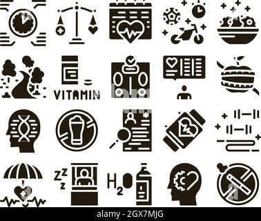 Healthy lifestyle black glyph icons set on white space Stock Vector ...